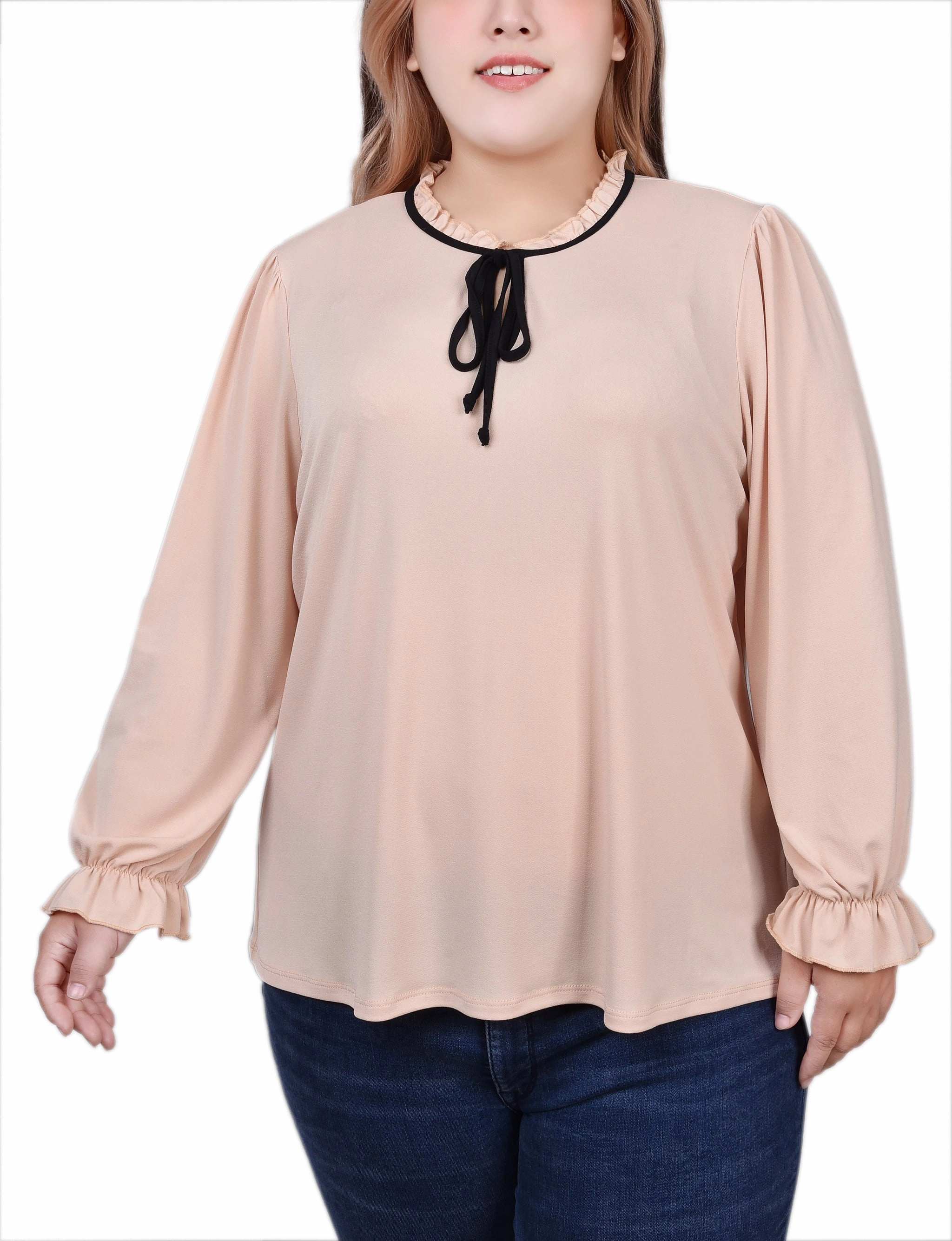 AdaptiveFitFabric Plus Size Long Sleeve Tie Neck Top