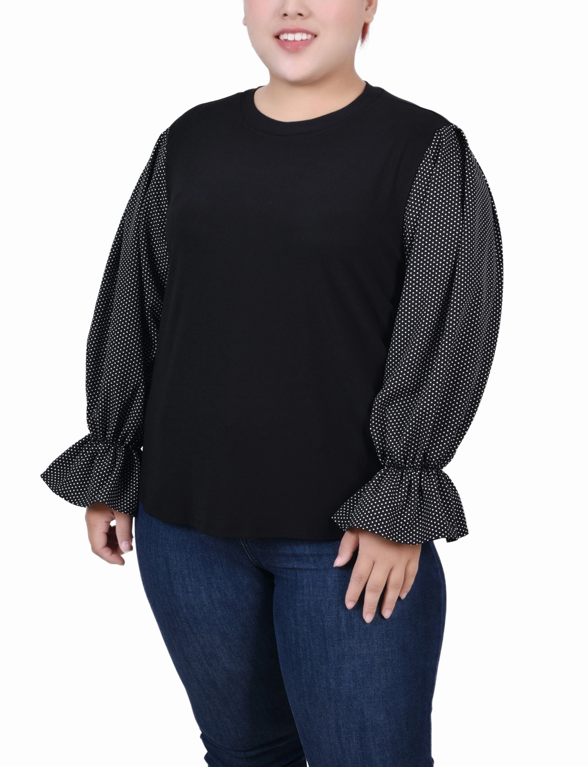 Plus Size Long Sleeve Top With Printed Sleeves LightweightConstruction