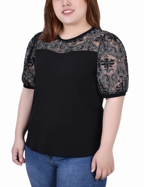 Lightweight Weave Plus Size Puff Lace-Sleeve Top