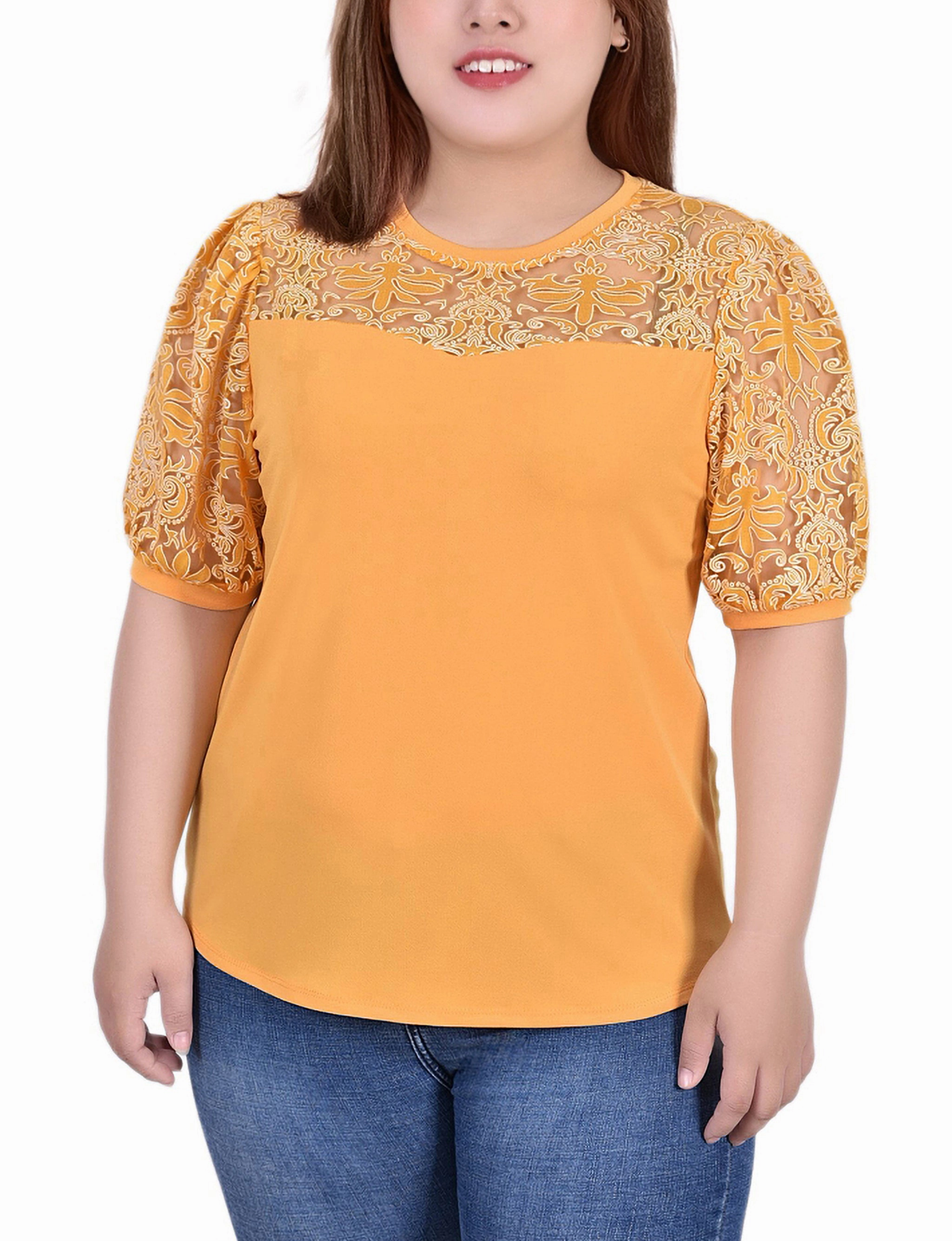 Plus Size Puff Lace-Sleeve Top MoistureControl OdorResistant Fabric