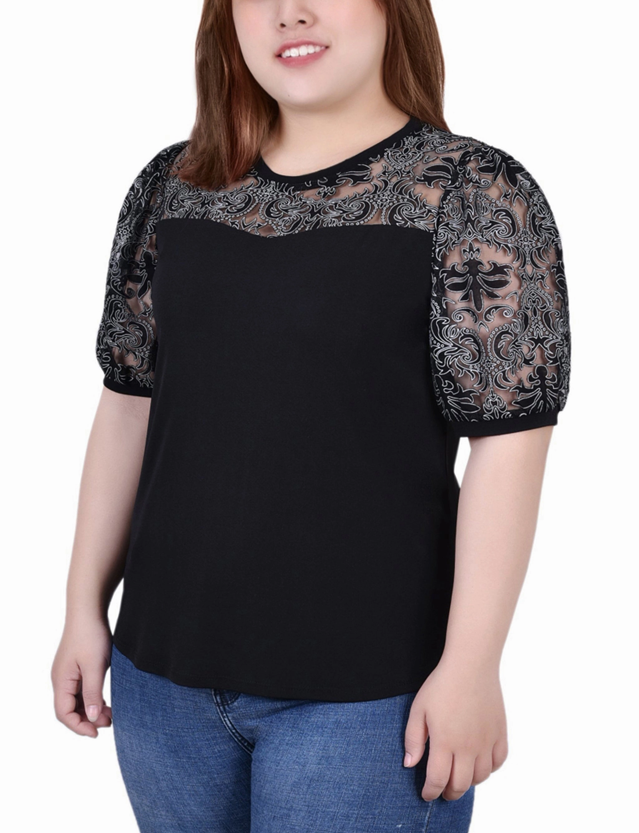 Plus Size Puff Lace-Sleeve Top Compression Gradient Comfy Layer