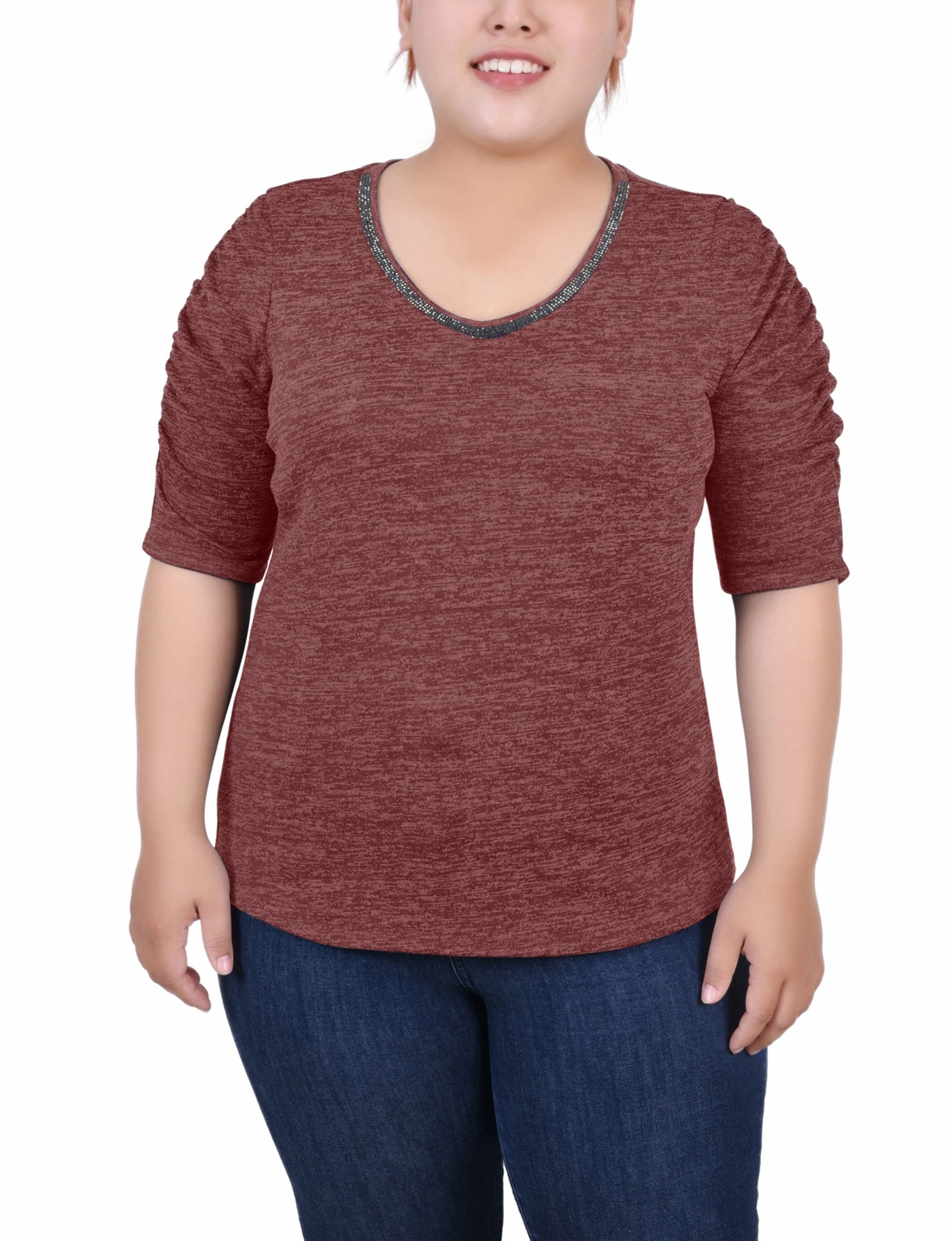 Plus Size Rouched Sleeve Top MultiPocket OdorResistant Fabric
