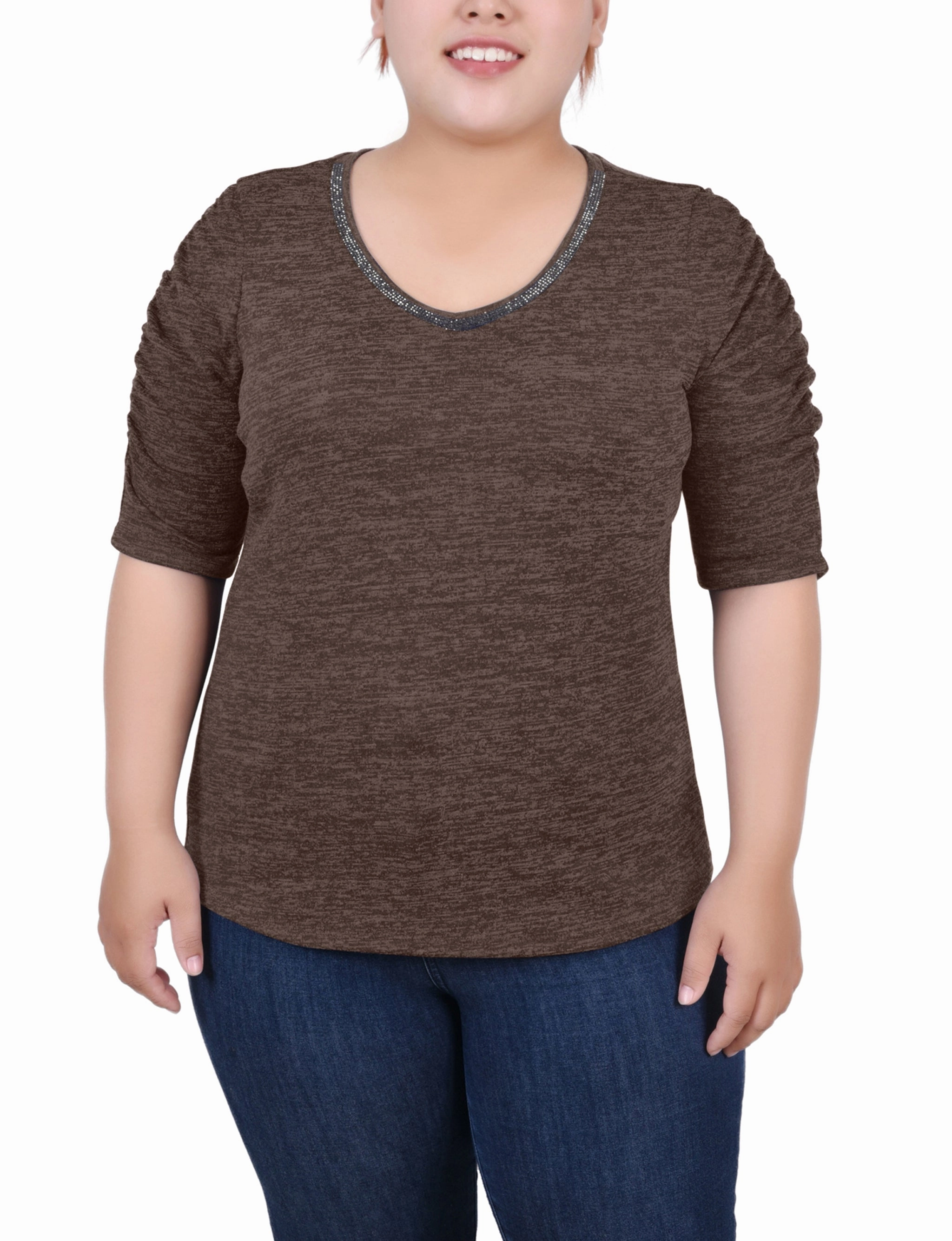Plus Size Rouched Sleeve Top Temperature control Sporty Top