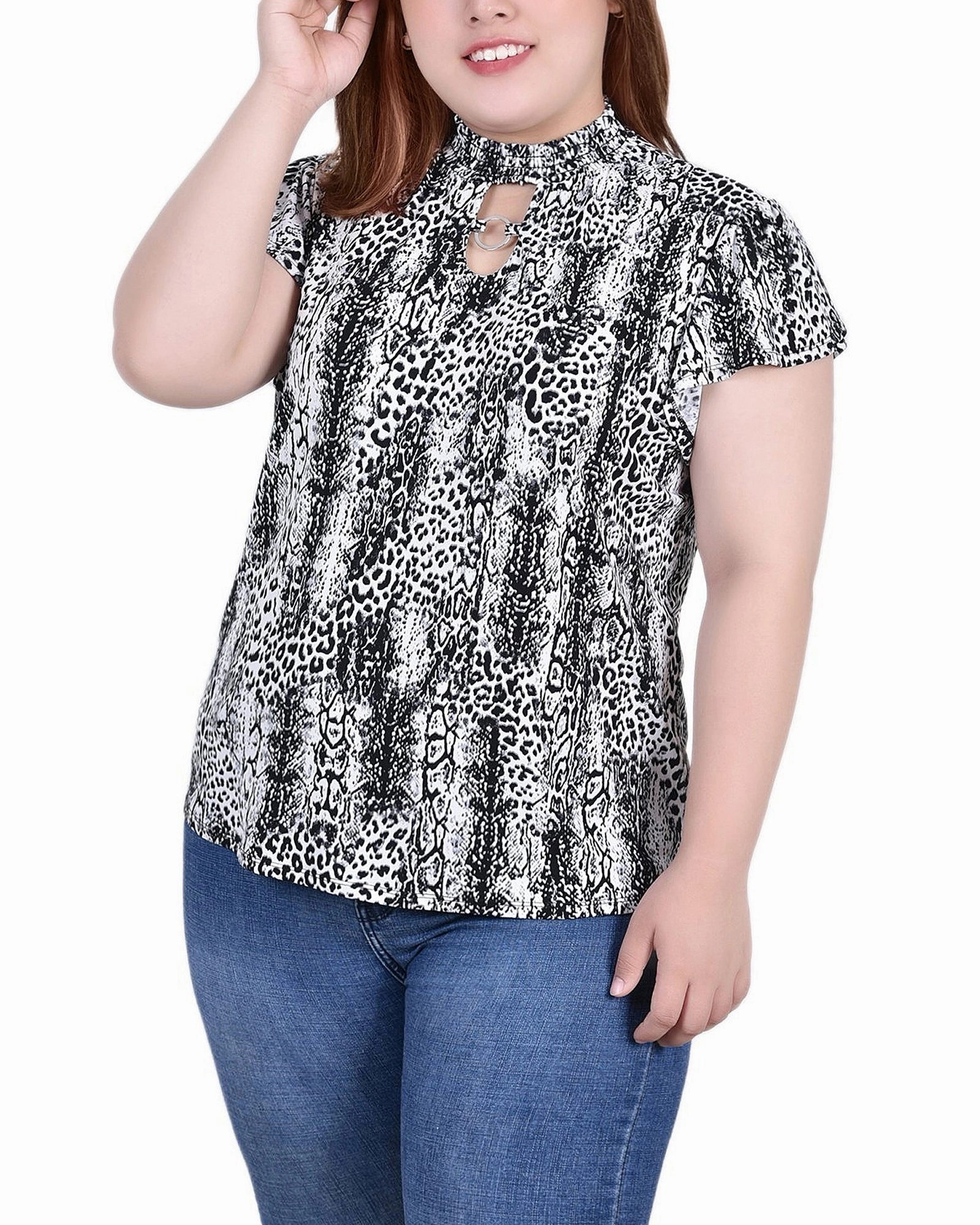 Plus Size Short Flutter Sleeve Mock Neck Top BioBased Fiber