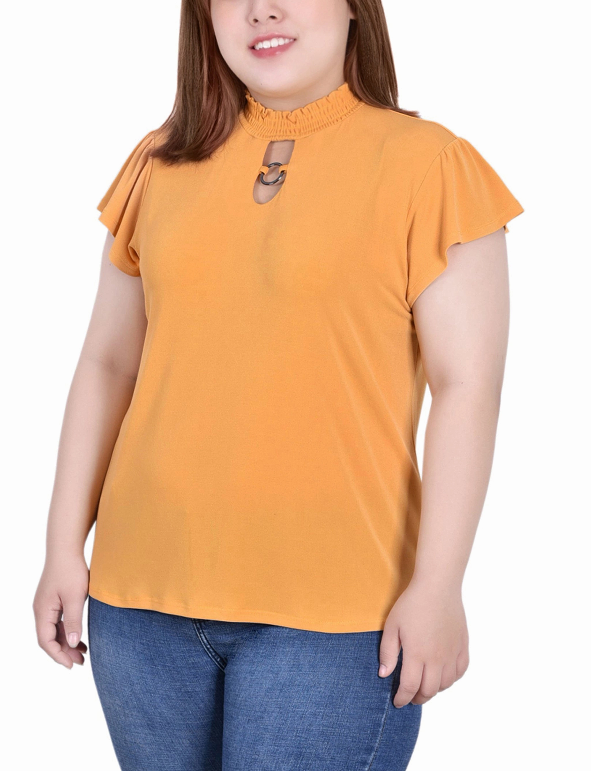 Plus Size Short Flutter Sleeve Mock Neck Top Snag Resistant Surface Light Fabric