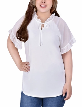 Plus Size Short Ruffled Sleeve Crepe Knit Top With Chiffon Sleeves Retro design