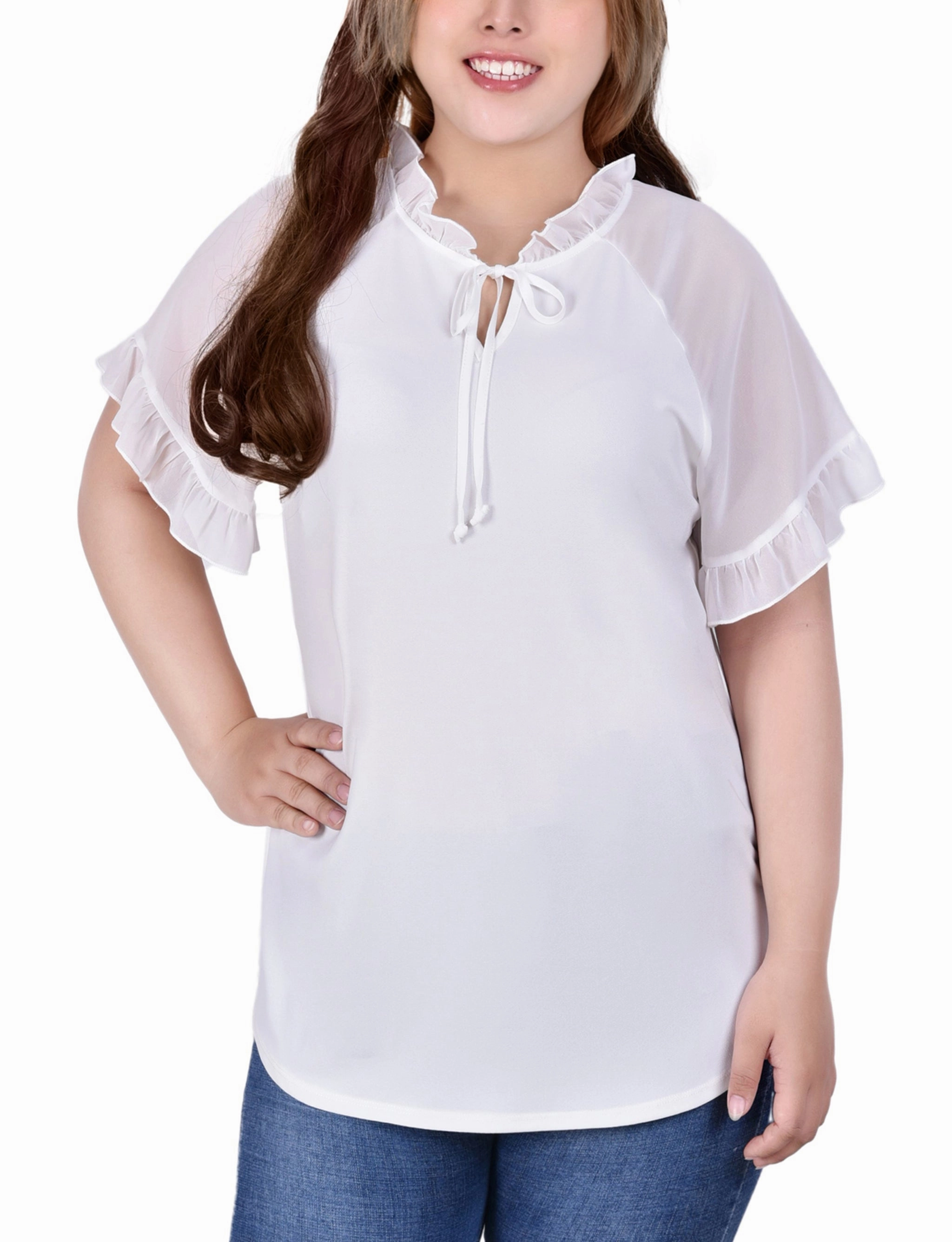 Plus Size Short Ruffled Sleeve Crepe Knit Top With Chiffon Sleeves Airflow Ventilation