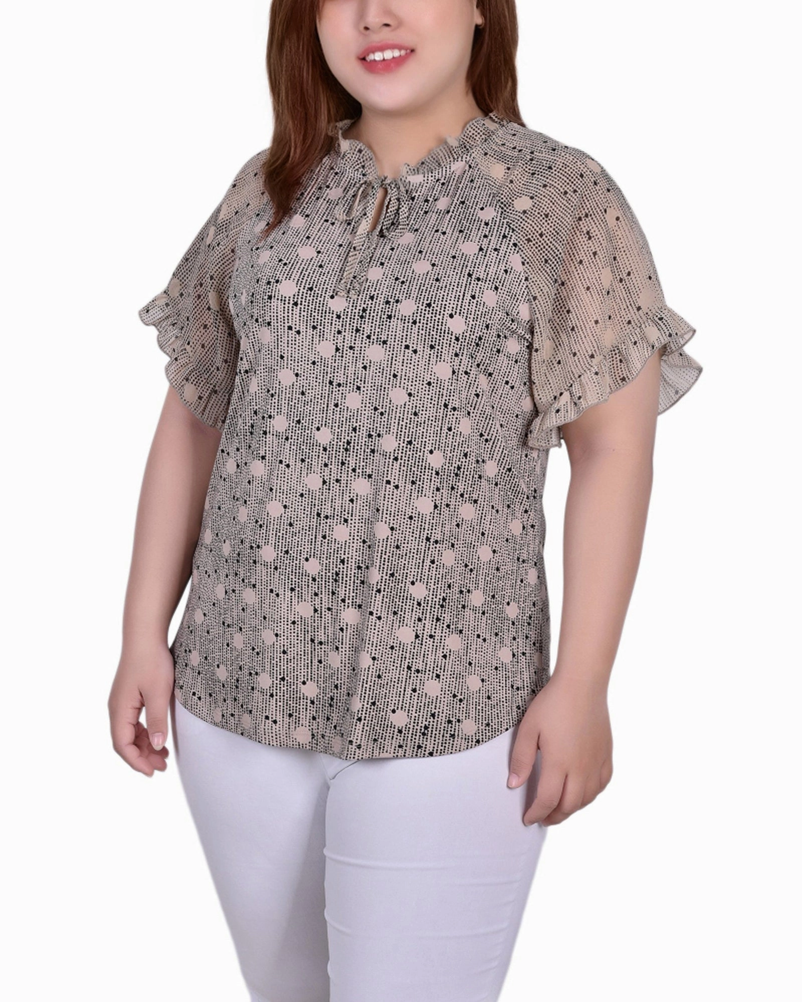 Mesh Lining Plus Size Short Ruffled Sleeve Crepe Knit Top With Chiffon Sleeves