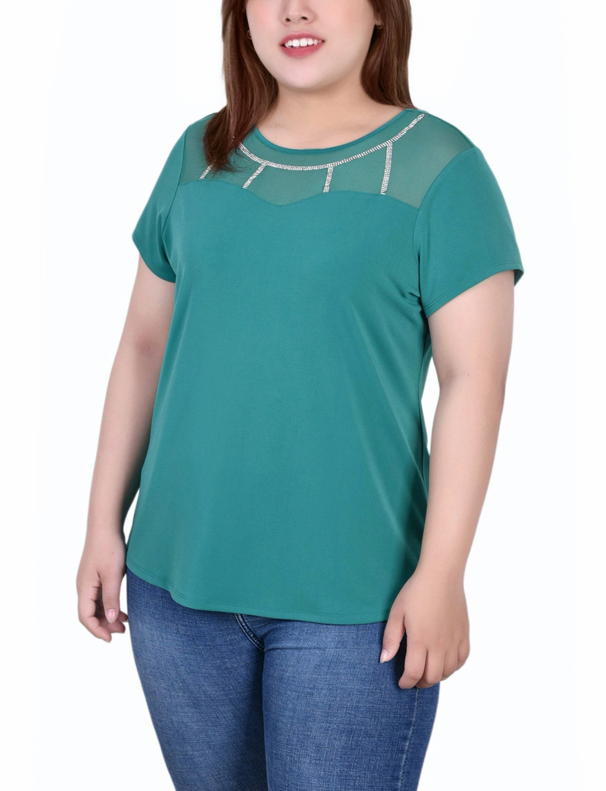 TemperatureRegulating Stretch Material Plus Size Short Sleeve Crepe Top With Stone Details