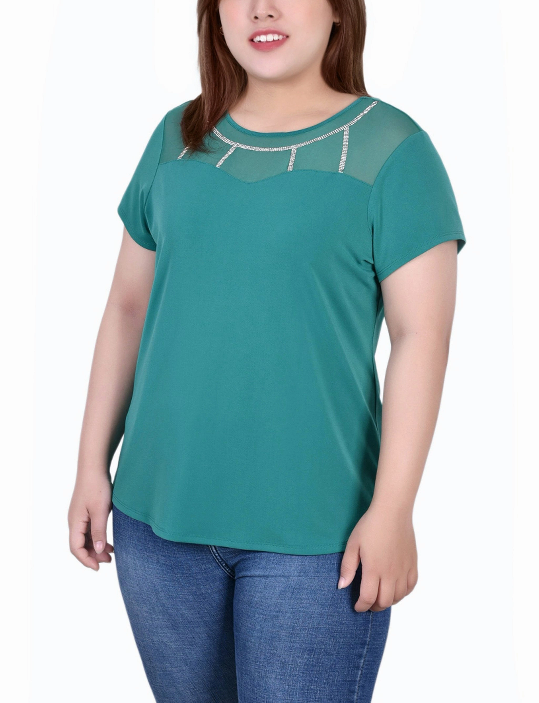 Noise Reducing Fabric Treatment MoistureManagementSystem Plus Size Short Sleeve Crepe Top With Stone Details