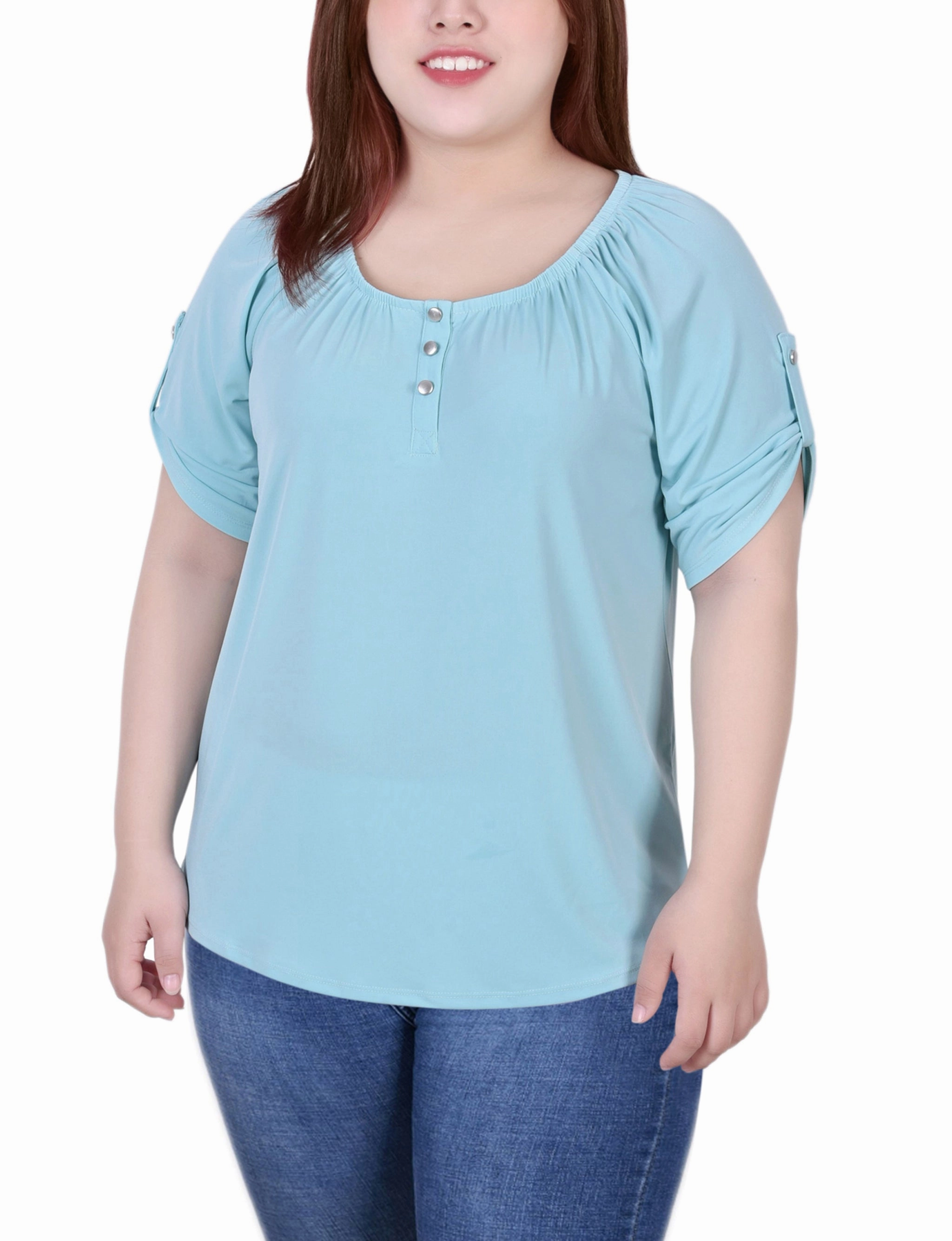 Eco Dye Process Plus Size Short Sleeve Round Neck Henley Top