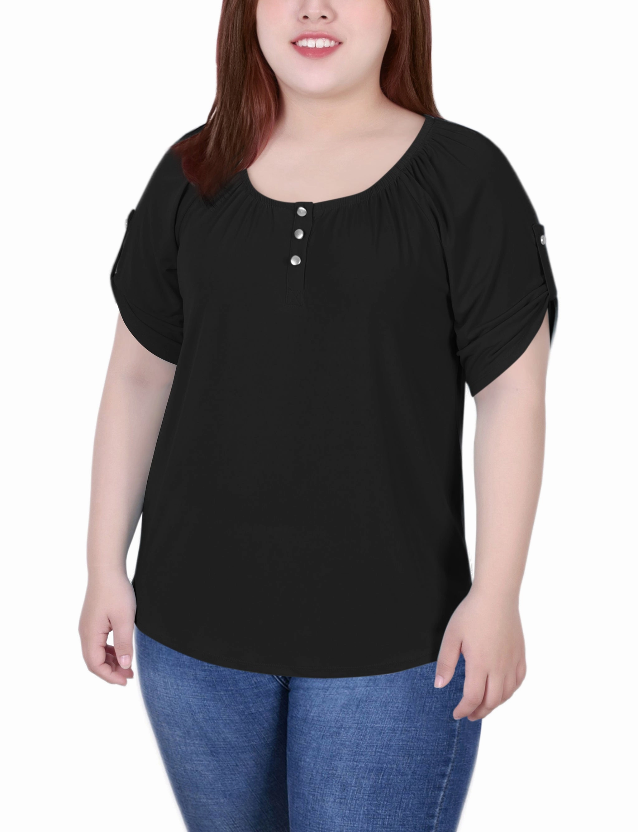 Plus Size Short Sleeve Round Neck Henley Top UPF Protective Fabric