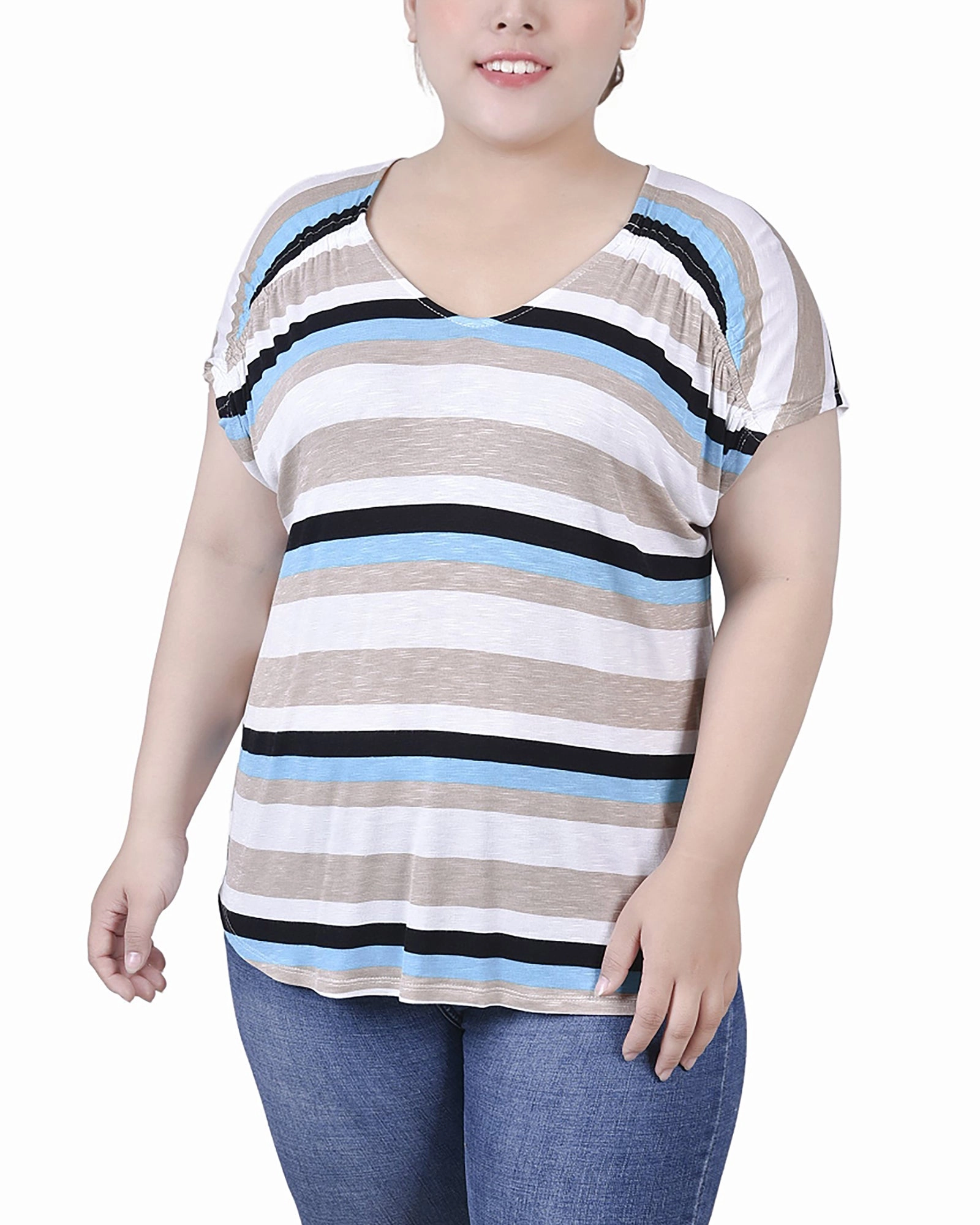 All Over Print Technique Plus Size Short Sleeve Striped V Neck Top