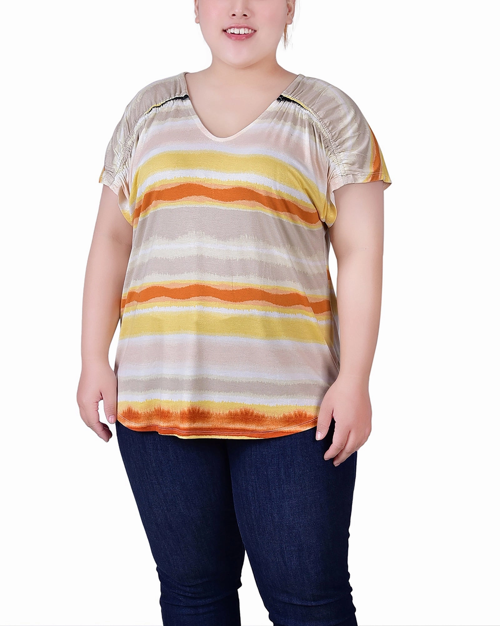 Plus Size Short Sleeve Striped V Neck Top UltraSoft Blend
