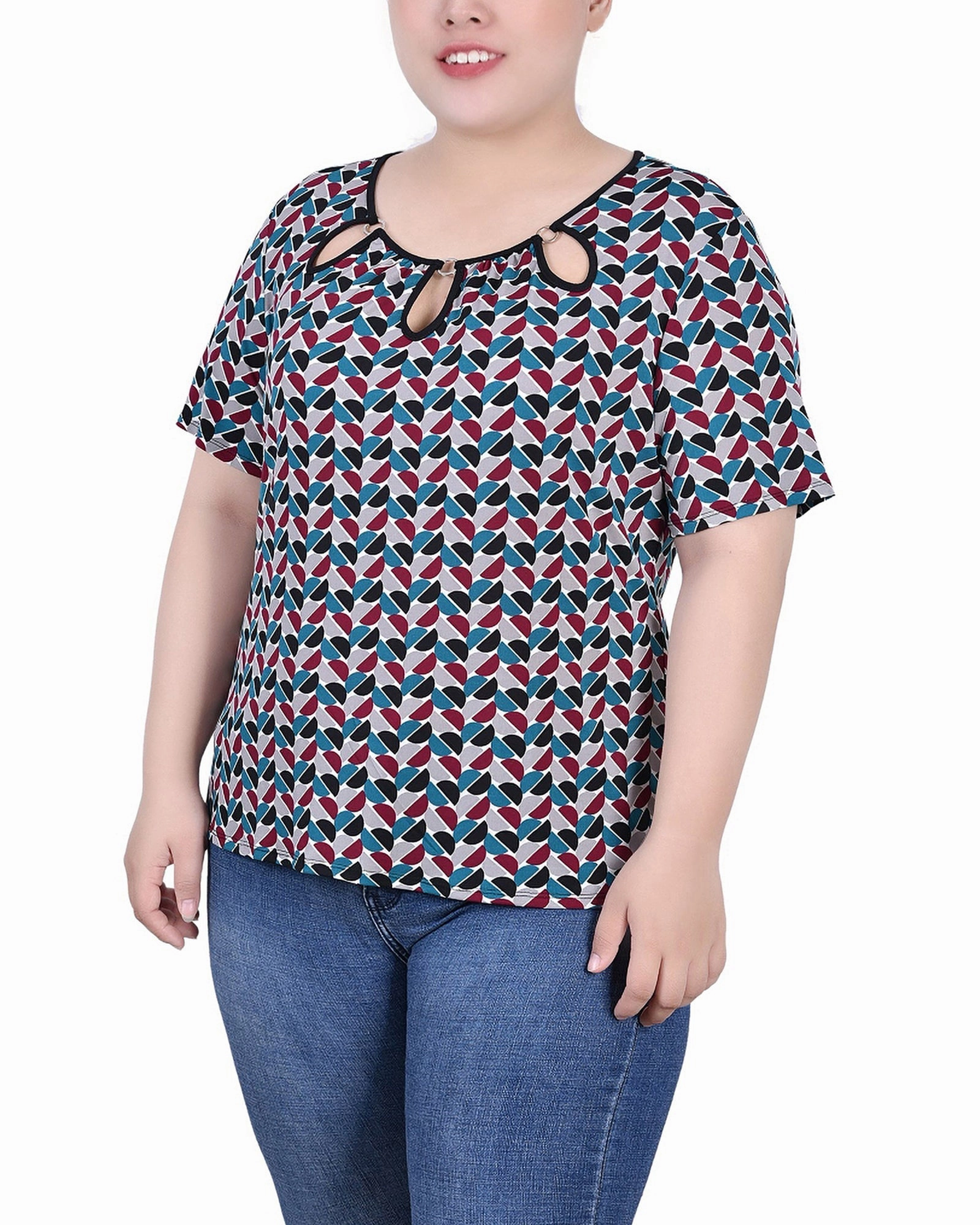 Chic Sweater Reinforced Hems Plus Size Short Sleeve Top With Ring Details