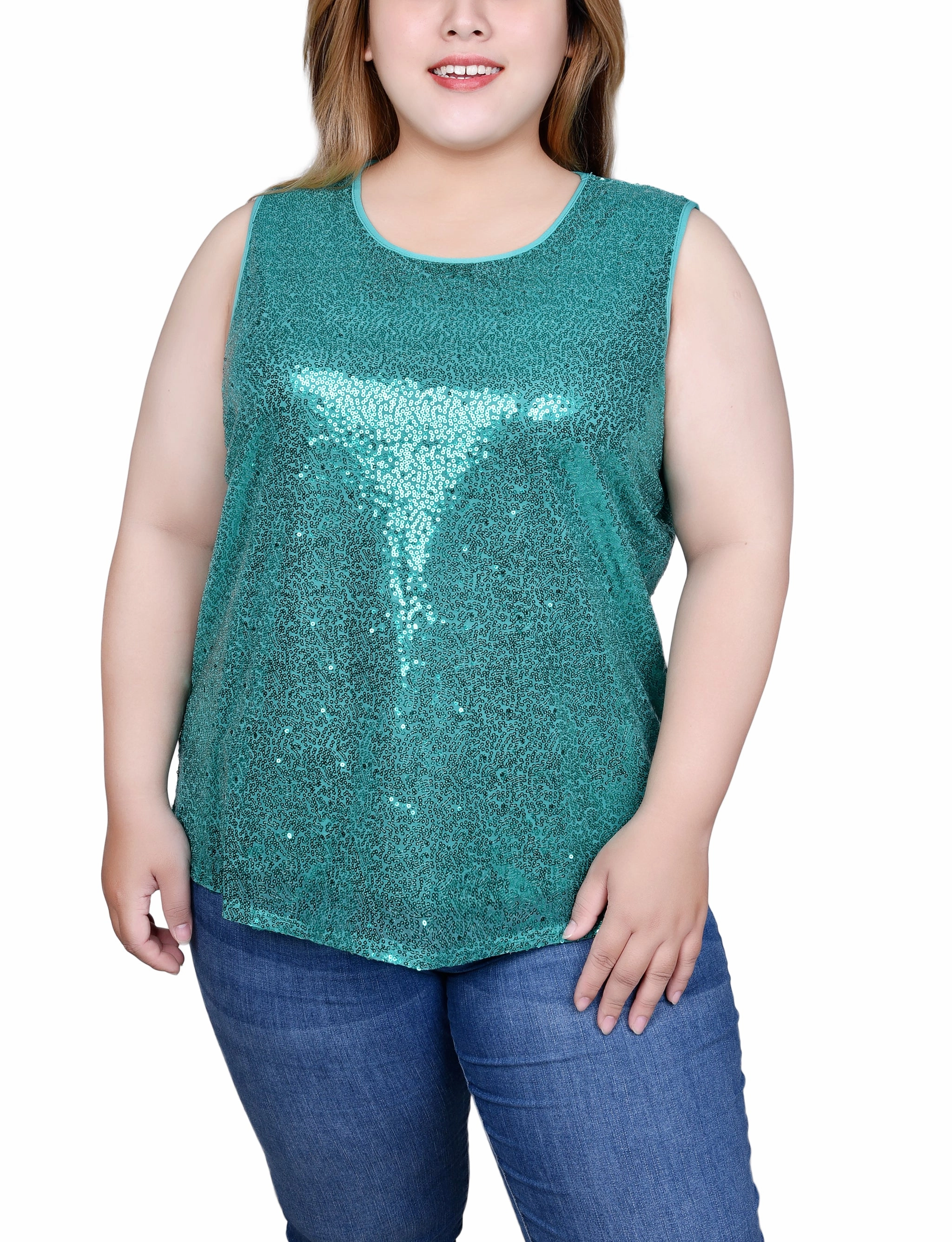 DoubleStitched Plus Size Sleeveless Sequined Tank Top With Combo Banding