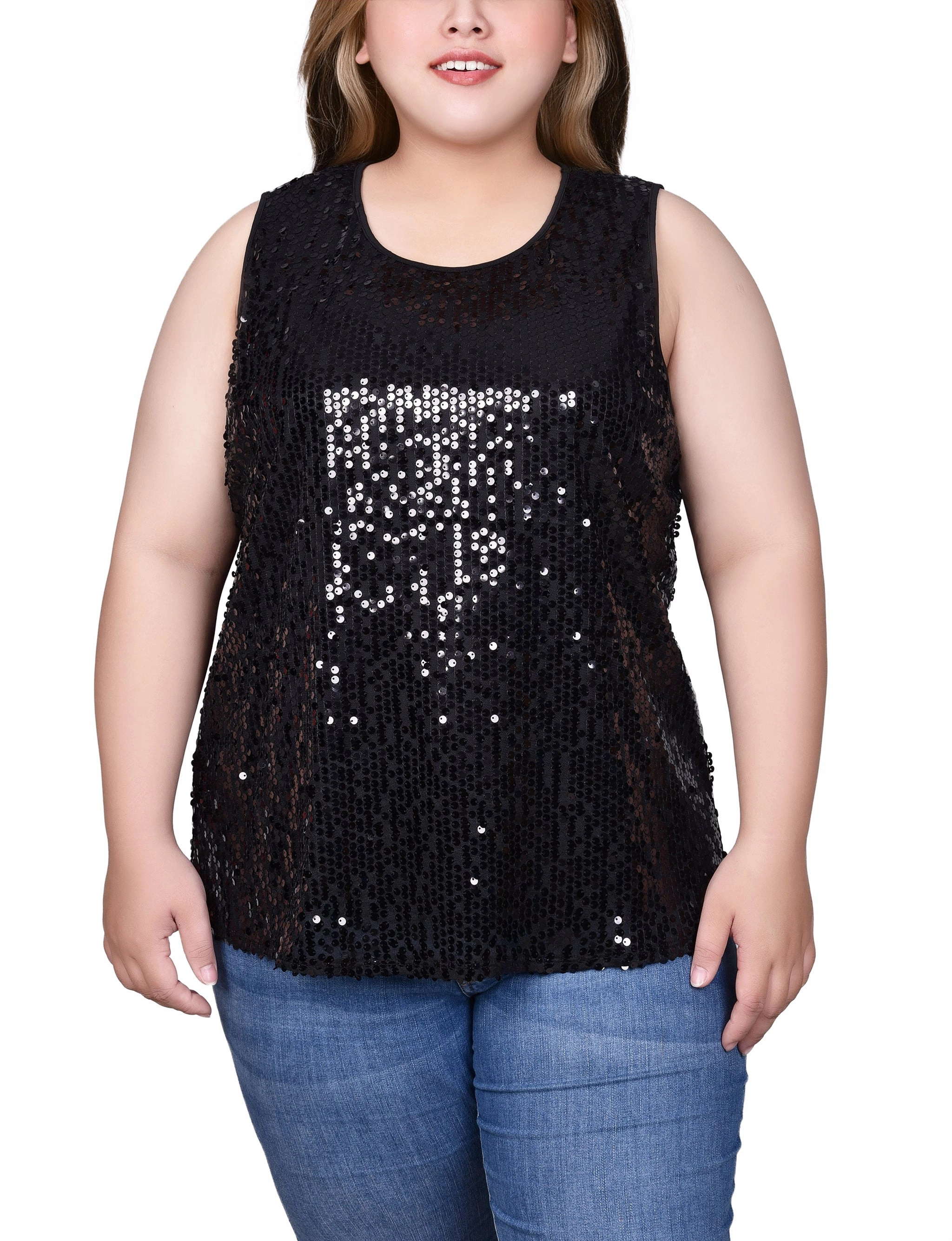 Plus Size Sleeveless Sequined Tank Top With Combo Banding Reflective details
