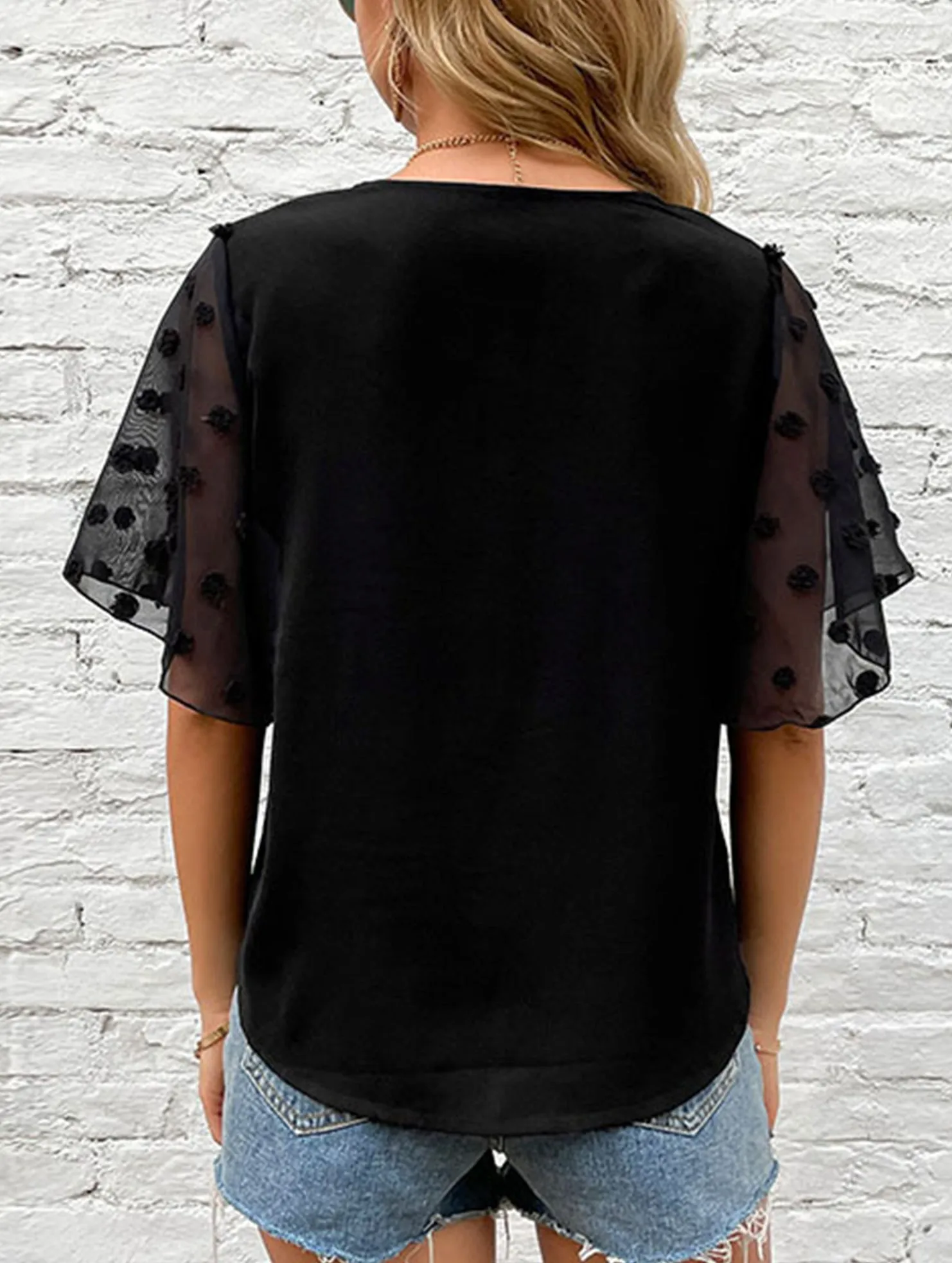 Elasticized Waistband BLACK V-NECK GAUZE SEE-THROUGH BLOUSE_CWTBLS0874