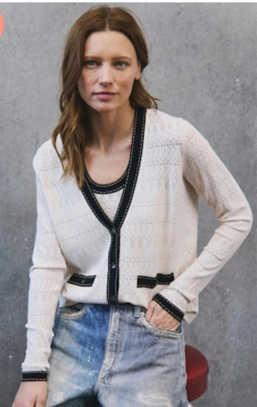 AdjustableNeckline Pointelle V-Neck Cardigan Saddle Stitching Sand