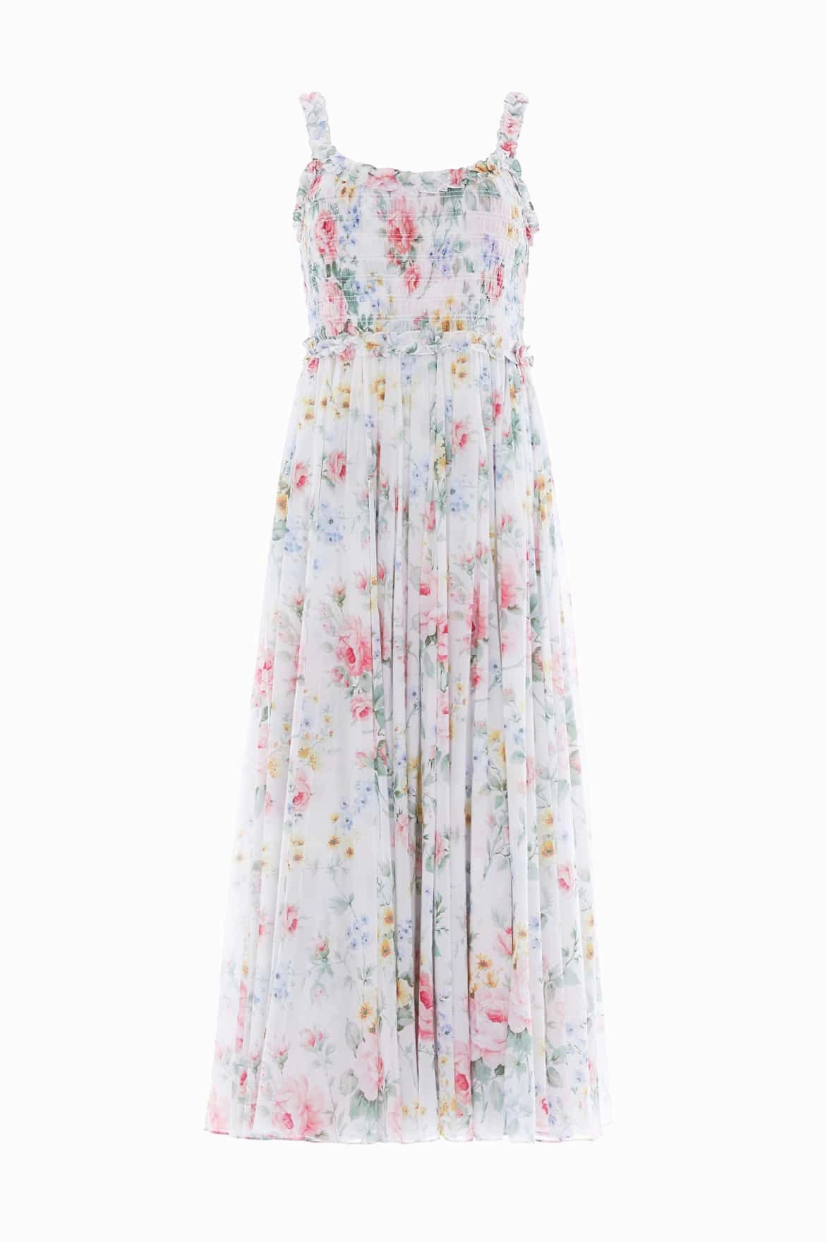 Adjustable Straps Pompadour Garden Chiffon Smocked Cami Ankle Gown