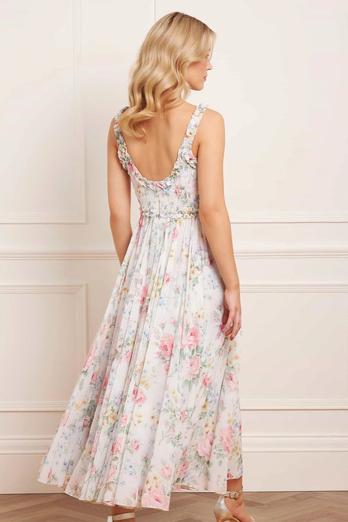 Dance-Party Pompadour Garden Chiffon Smocked Cami Ankle Gown
