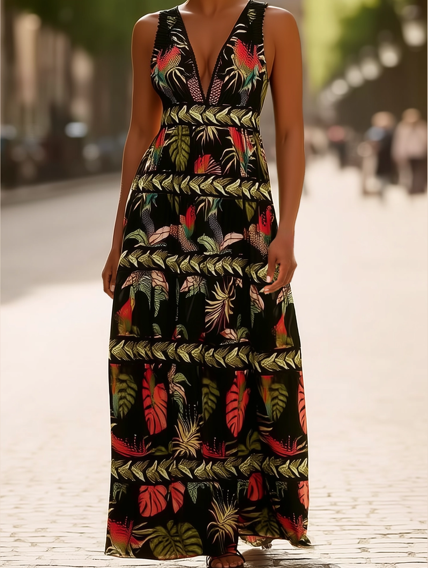 ReinforcedHem Rota Boho Tropical Print Plunge V-Neck Maxi Dress ??Sleeveless Vacation Style