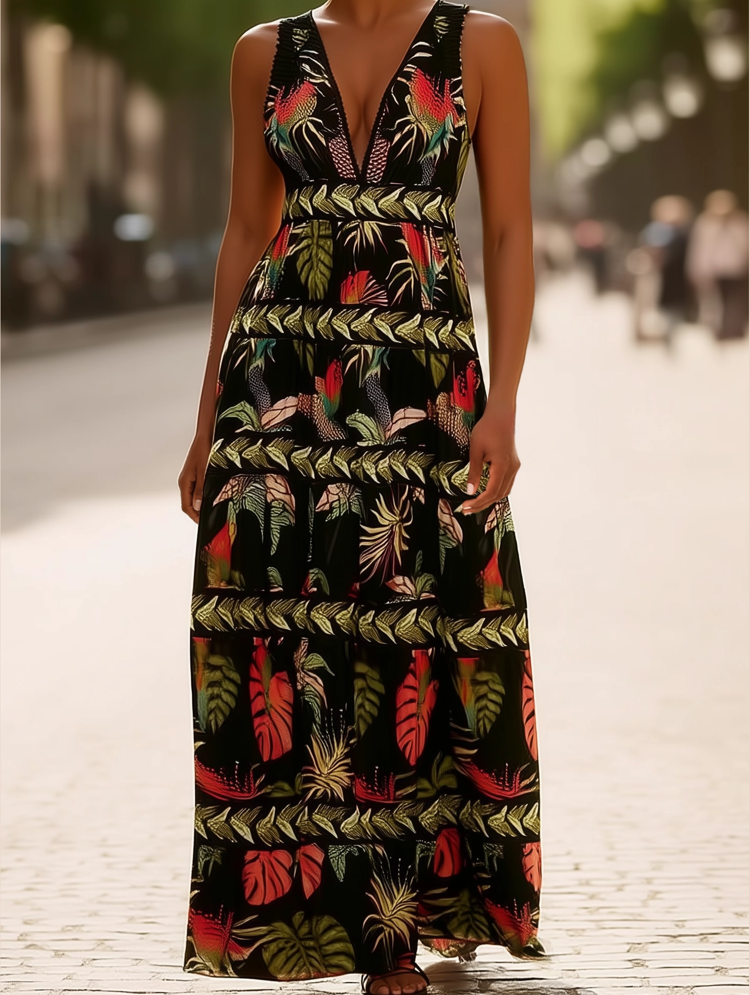 Layer Base Rota Boho Tropical Print Plunge V-Neck Maxi Dress ??Sleeveless Vacation Style