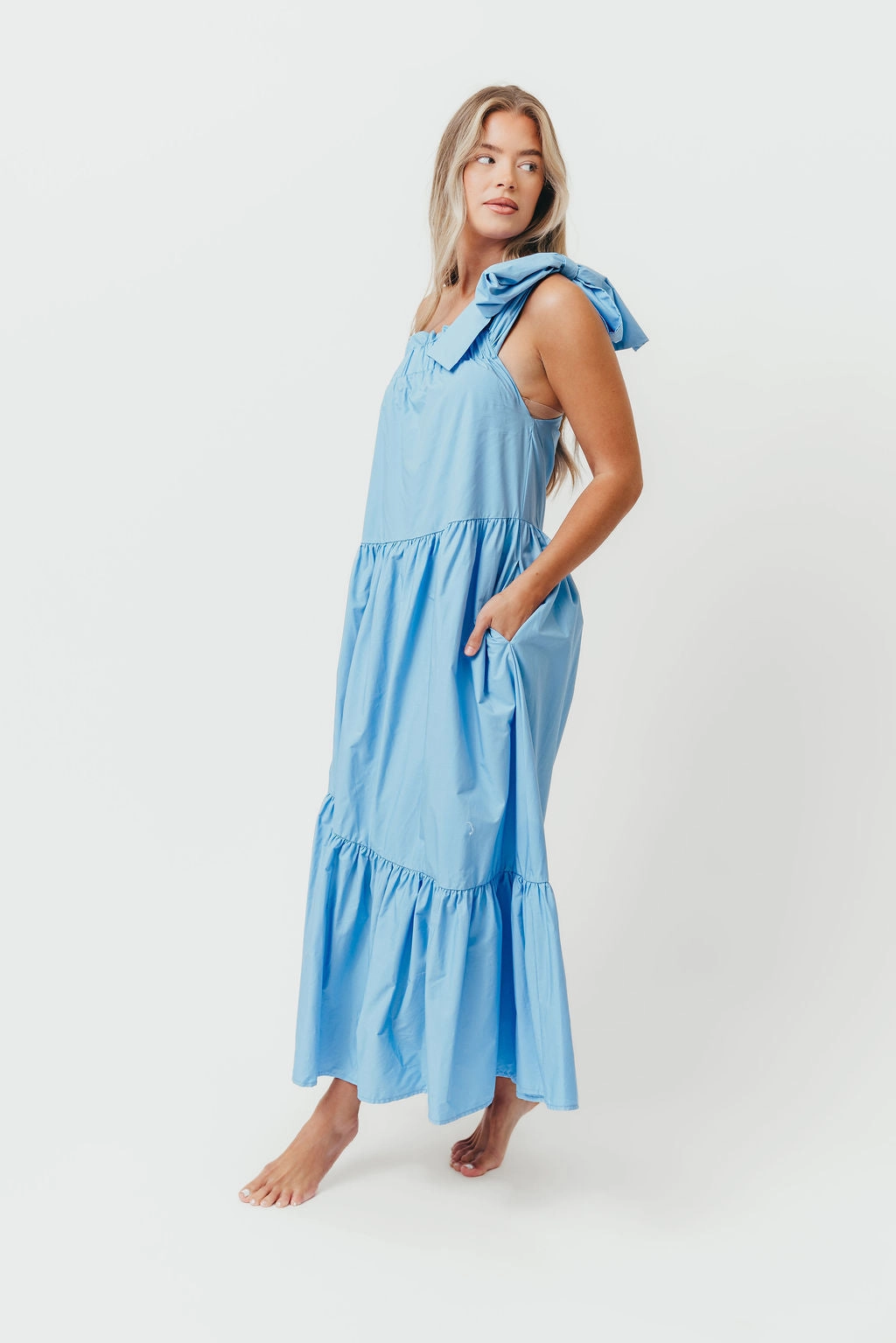Bow-Detail Lounge Mode Jordan One-Shoulder Maxi Dress in Carolina Blue - Bump Friendly *Final-Sale*