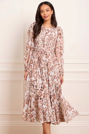 Refined Mood Formal-look Leopard Chiffon Smocked Ballerina Dress