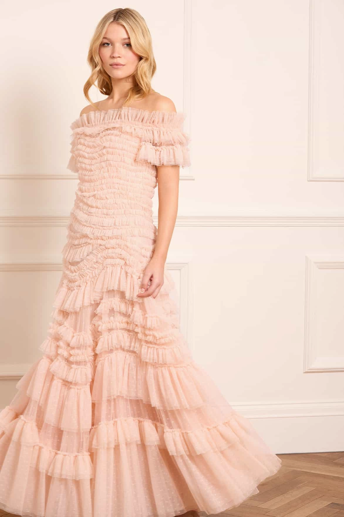 Sage Detail Elastic Fit Wild Rose Off-Shoulder Gown