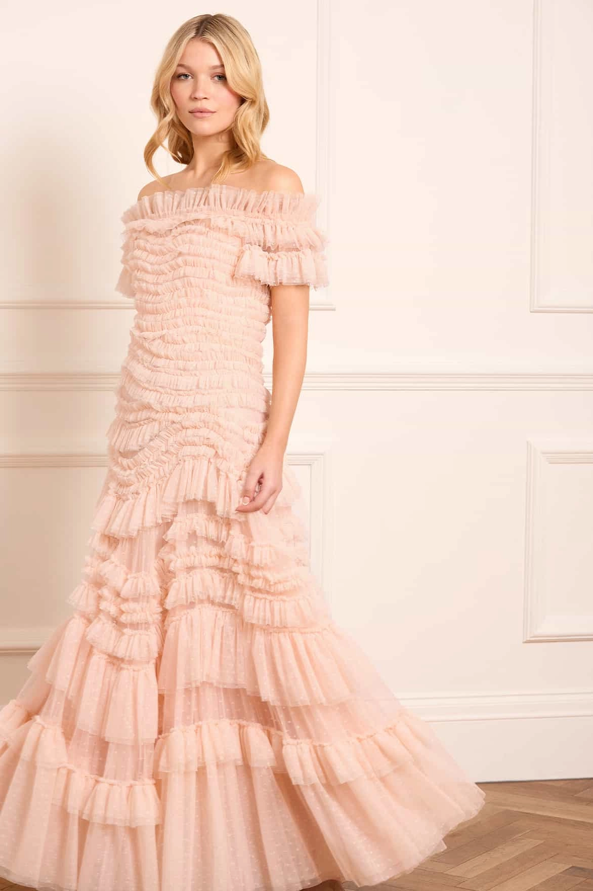 Soft Layering Wild Rose Off-Shoulder Gown