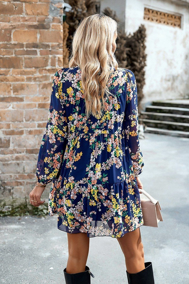 Noble Aura Light Layers WOMEN SMOCKED NECK FLORAL LONG SLEEVE MINI DRESS