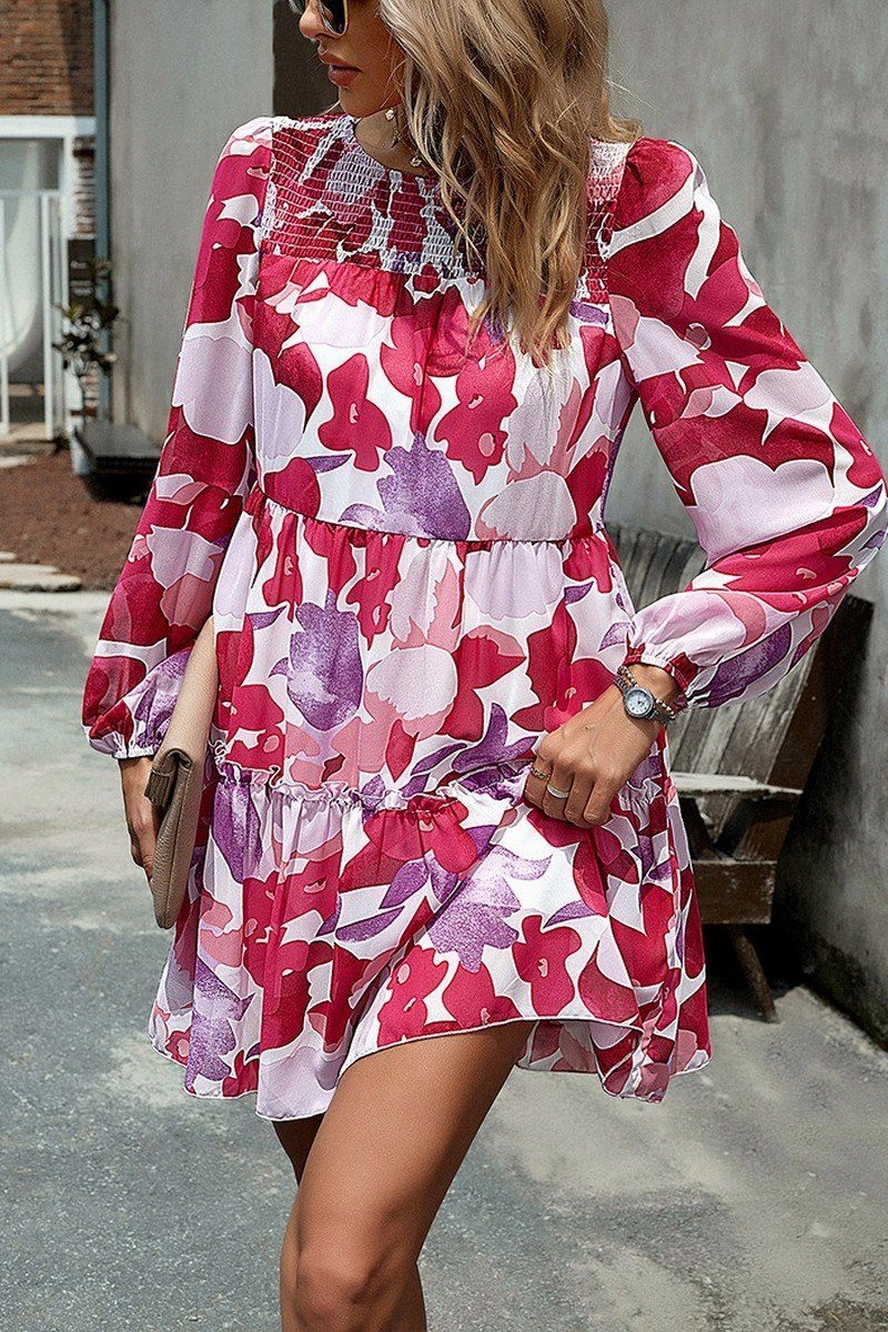Ruffle Detail Relax Tones WOMEN SMOCKED NECK FLORAL LONG SLEEVE MINI DRESS