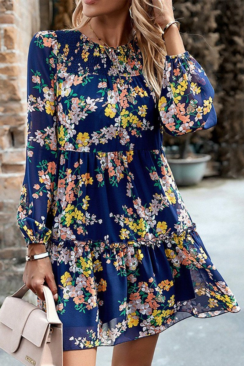 Refined Vibe High-Low-Hem WOMEN SMOCKED NECK FLORAL LONG SLEEVE MINI DRESS