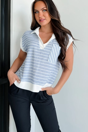 Preppy Life Striped V-Neck Top (Blue) Stylish Look Sandwich Mesh Panel Structure