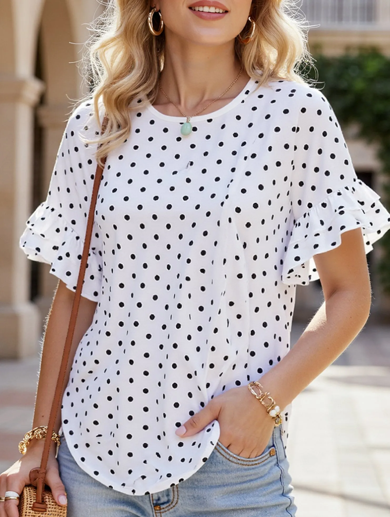 Polka Dot Batwing Sleeve Ruffle Loose Top ??Women's Lightweight Casual Blouse Quick Release Fastener Ultraviolet Protection Fabric