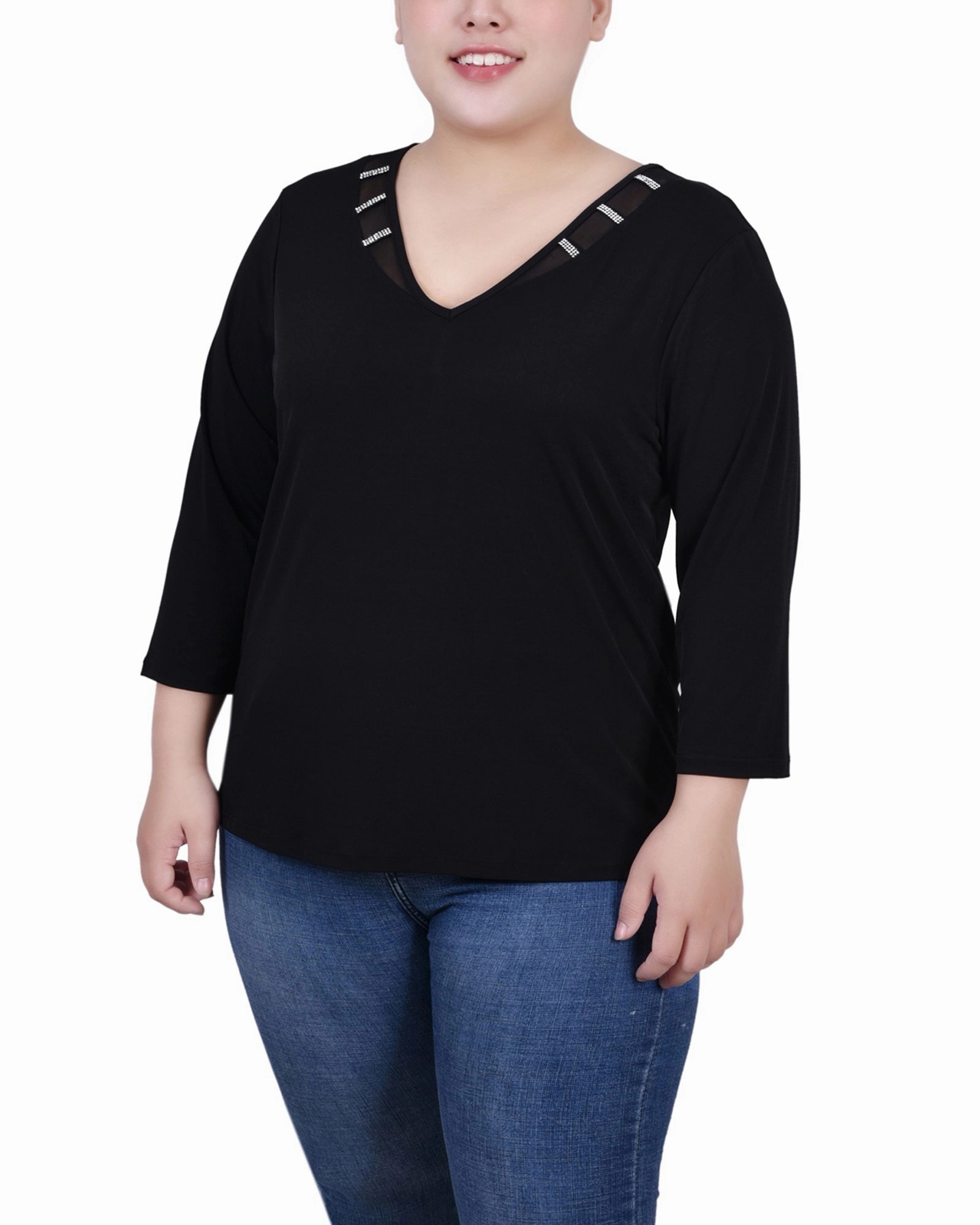 Plus Size 3/4 Sleeve Top With Illusion Neckline and Stones BreathableMeshInsert