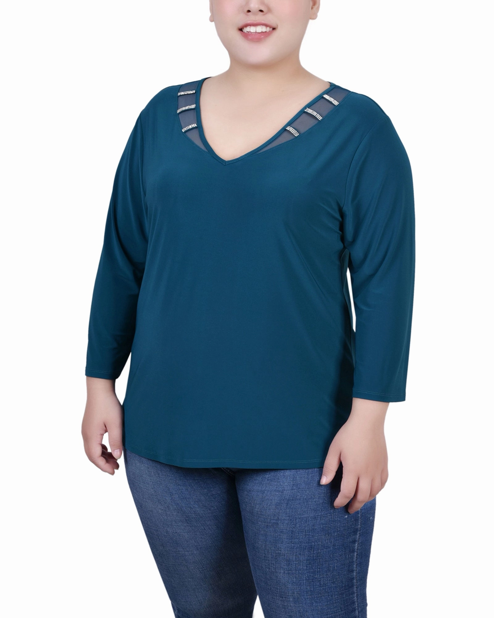 Drop Shoulder Design Plus Size 3/4 Sleeve Top With Illusion Neckline and Stones