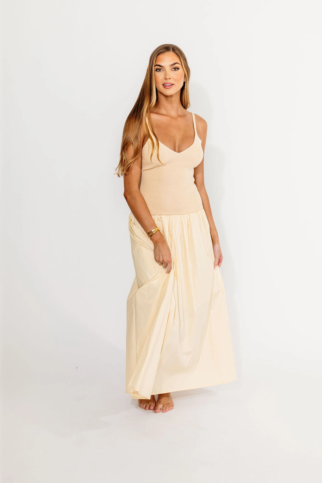 All Purpose SmoothEdgeFinish Gaby V-Neck Mixed Media Maxi Dress in Cream *Final-Sale*