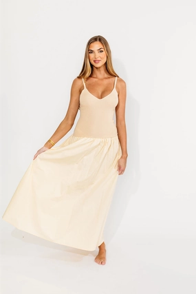 Mood Comfort Seasonal Mood Gaby V-Neck Mixed Media Maxi Dress in Cream *Final-Sale*