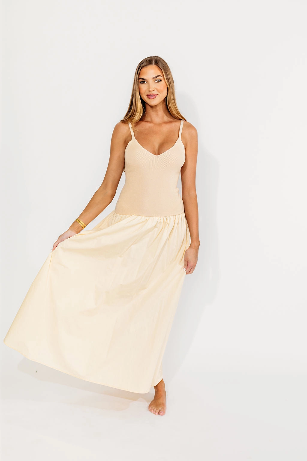 Mood Comfort Seasonal Mood Gaby V-Neck Mixed Media Maxi Dress in Cream *Final-Sale*