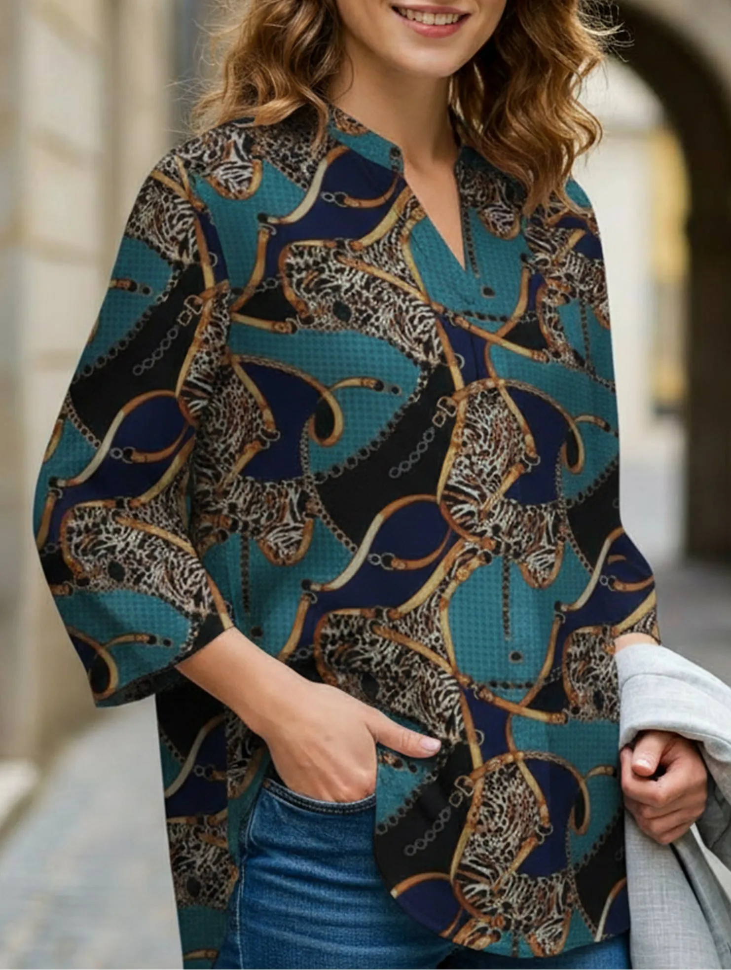 Printed lapel long-sleeved tunic top DoubleStitching