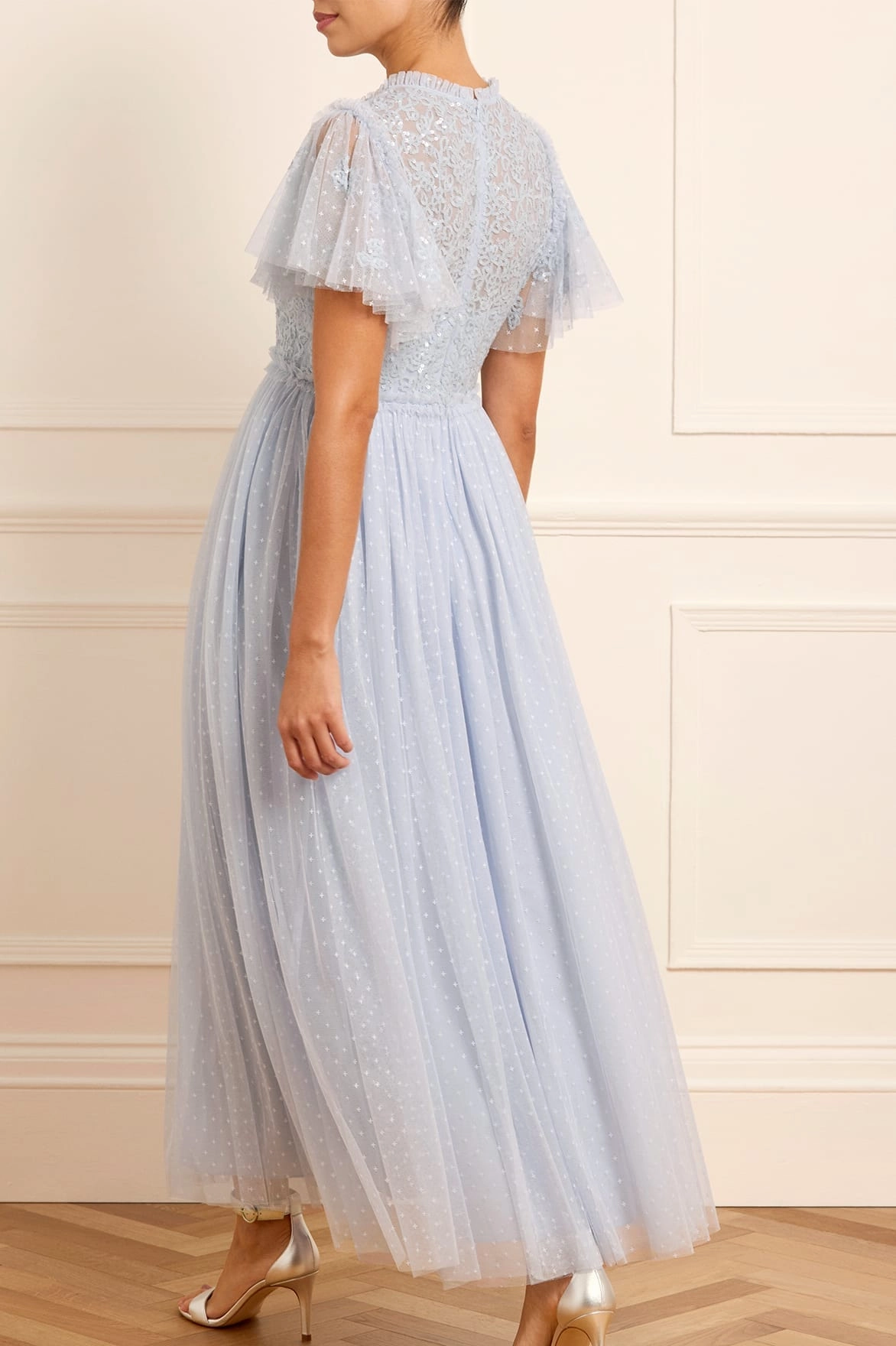 Raw-Hem Floral Lace Bodice V-Neck Ankle Gown