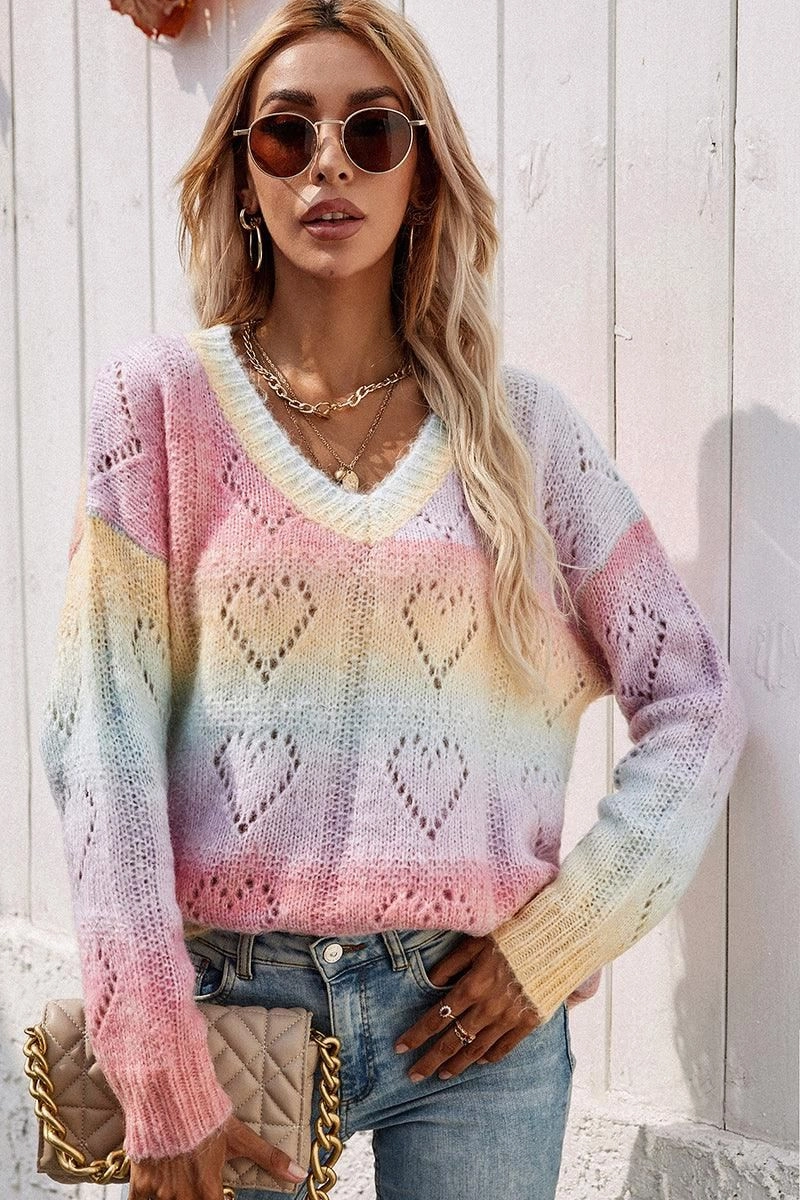 Ribbed Collar Design BrushedInnerLining PRINTING RAINBOW V NECK PULLOVER SWEATER