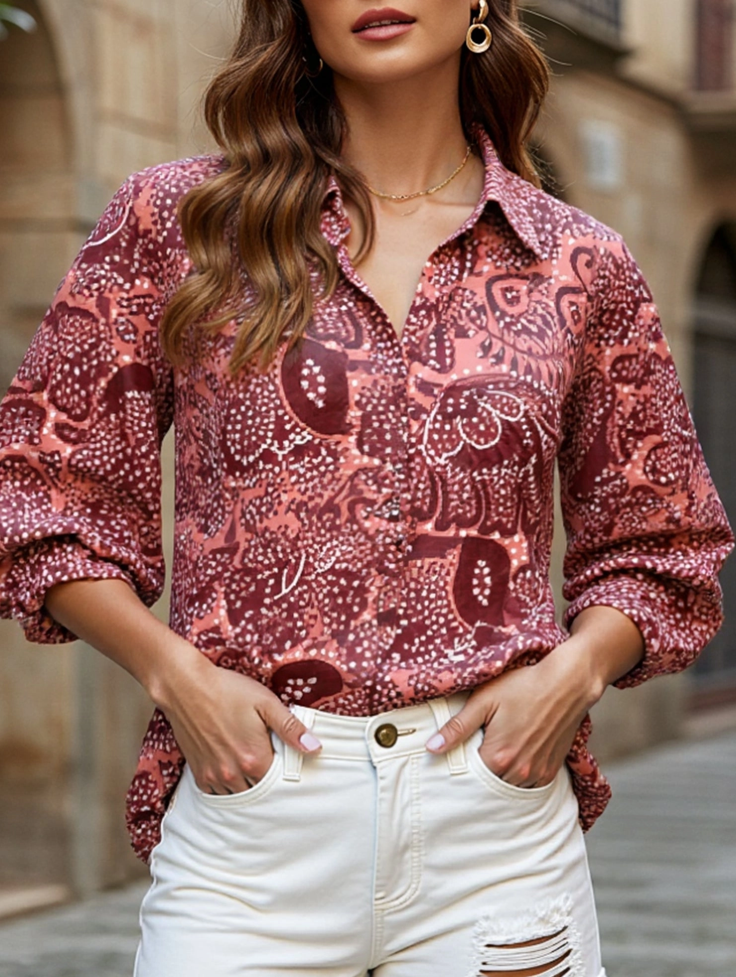 LaserCut Edges Puff-sleeve chiffon blouse