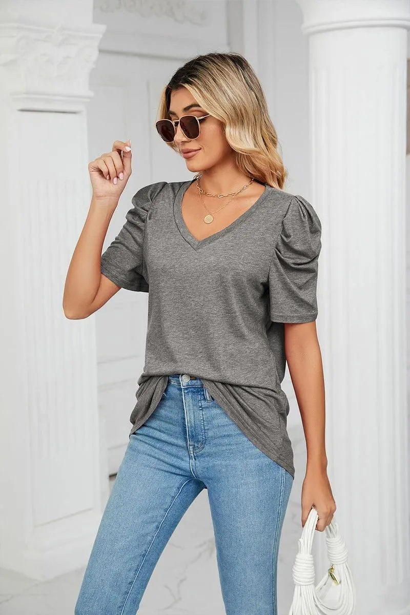 PUFFED SLEEVE SOLID CASUAL TOP MinimalistDesign Cozy Blouse