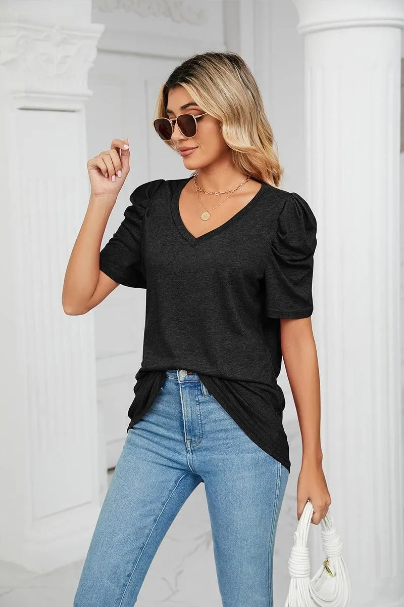 Bohemian style PUFFED SLEEVE SOLID CASUAL TOP