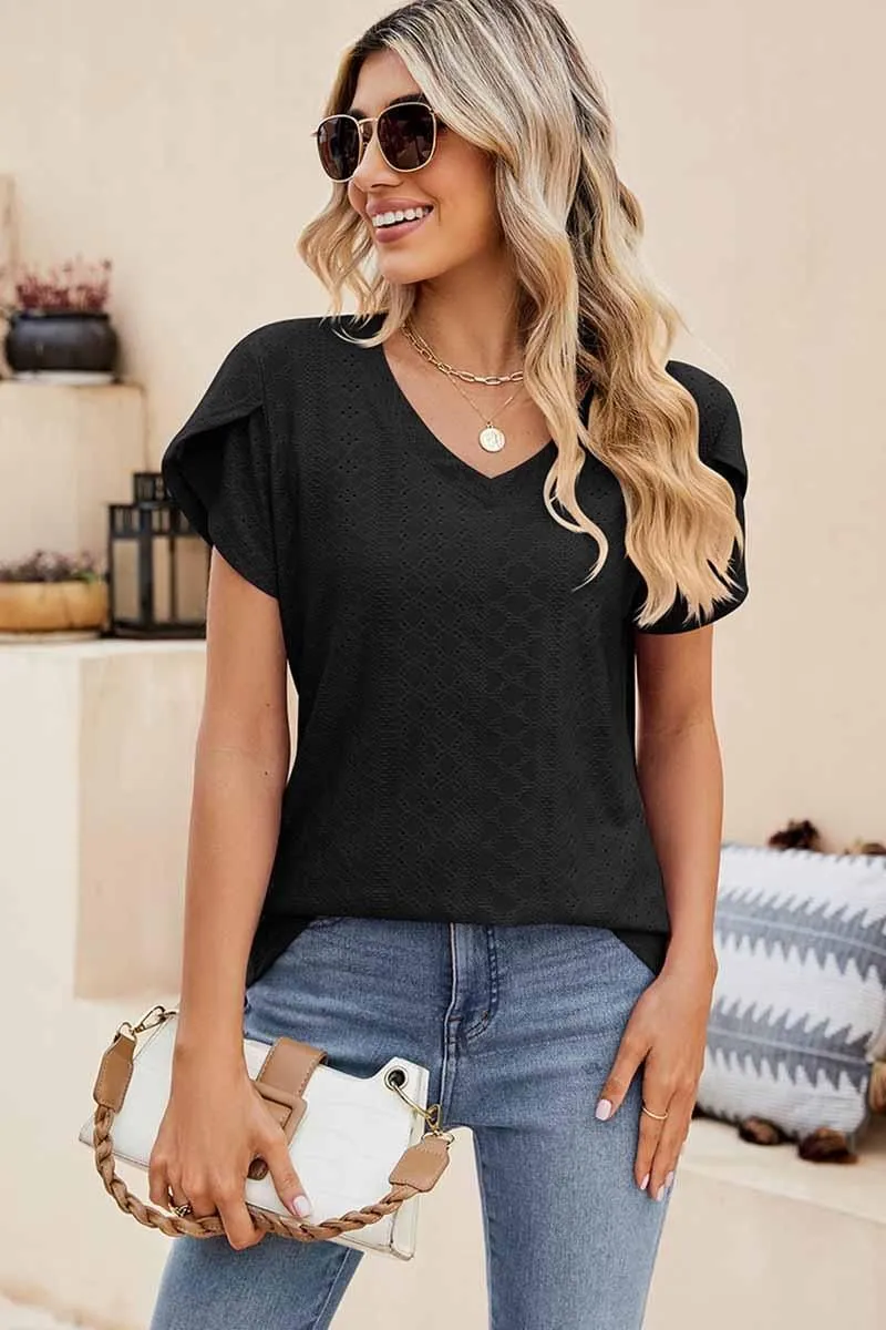 PUNCHING LACE TULIP PUFF V NECK T-SHIRTS LightReflectiveTrim