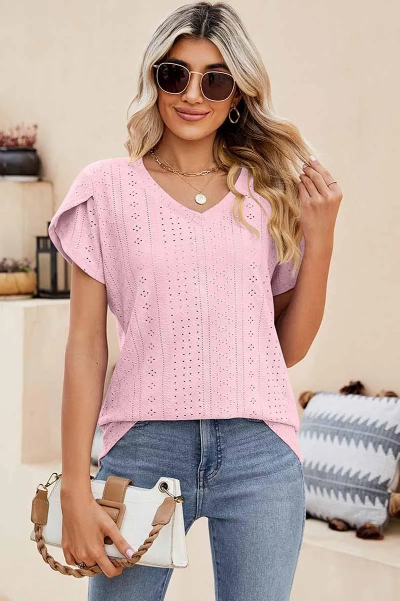 Contrast Stitch Detail NonIrritating PUNCHING LACE TULIP PUFF V NECK T-SHIRTS