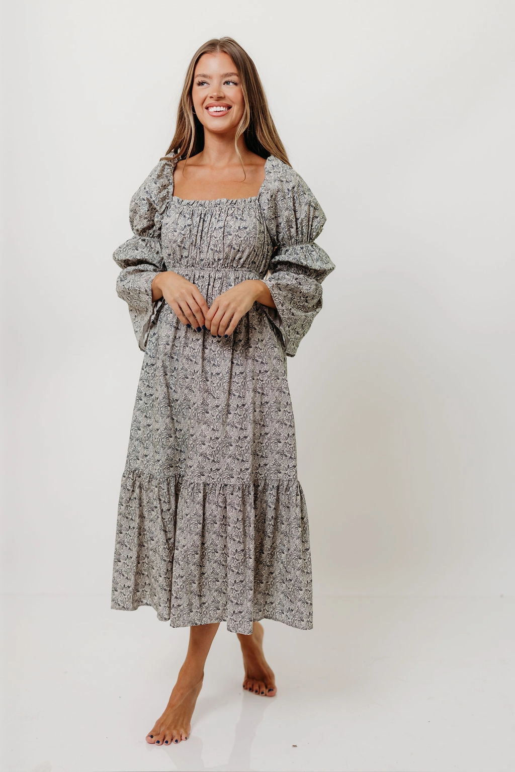 Julianna 100% Cotton Floral Print Tiered Midi Dress in Cream/Dark Navy Slimming Shape